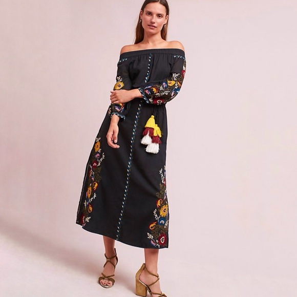 MISA black Seine Off the Shoulder floral Embroider long sleeve tassel belt Dress - Picture 2 of 9